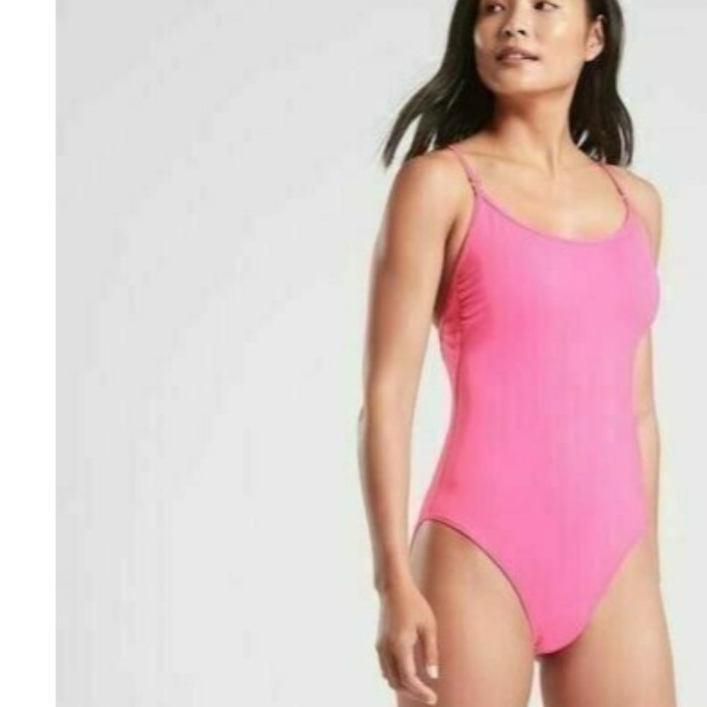Athleta One Piece Swimsuit Womens Large Bright Prism Pink Neon Strappy Ties